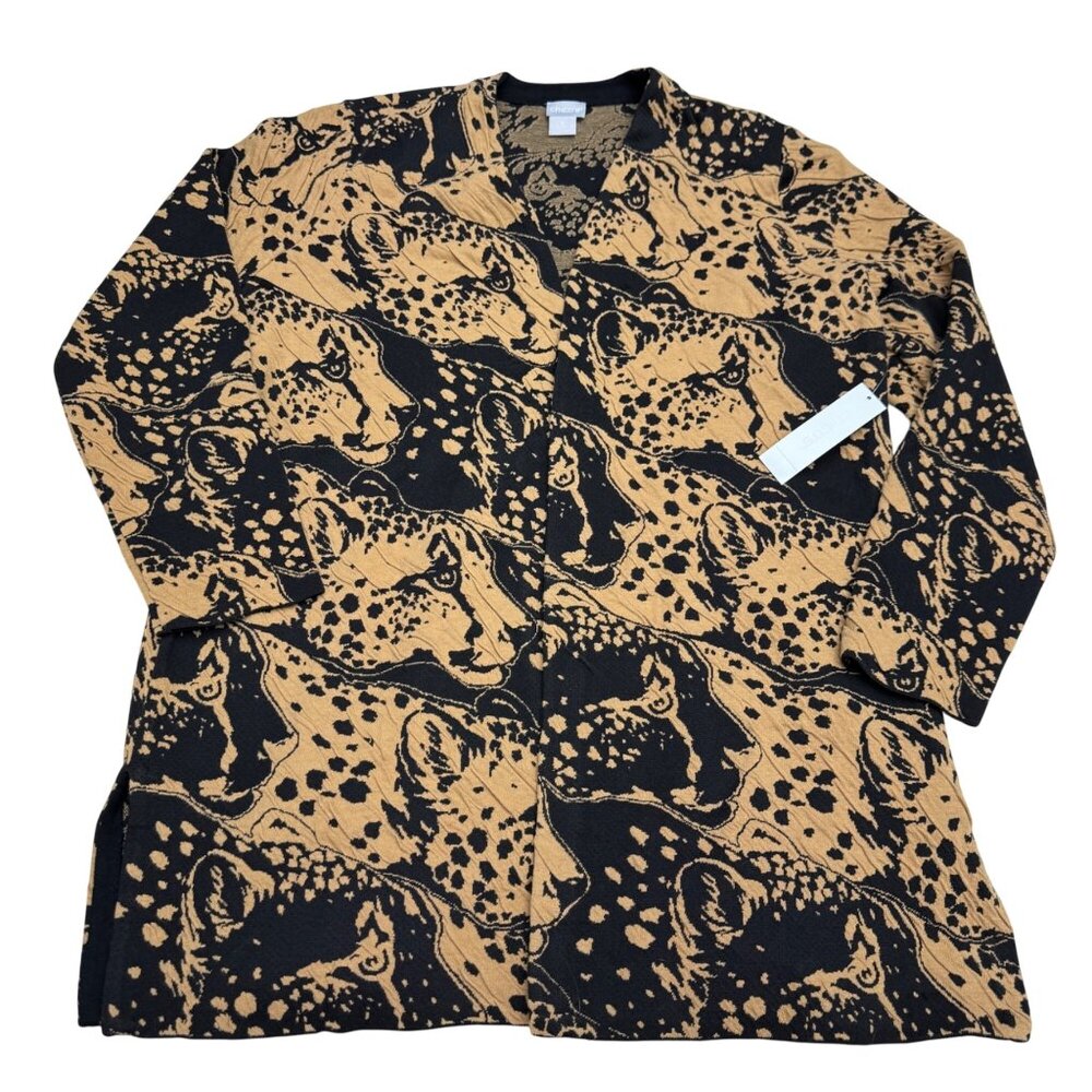 NEW Chico's Animal Print Cardigan Sweater Black & Camel Open Front Size 2 /US L